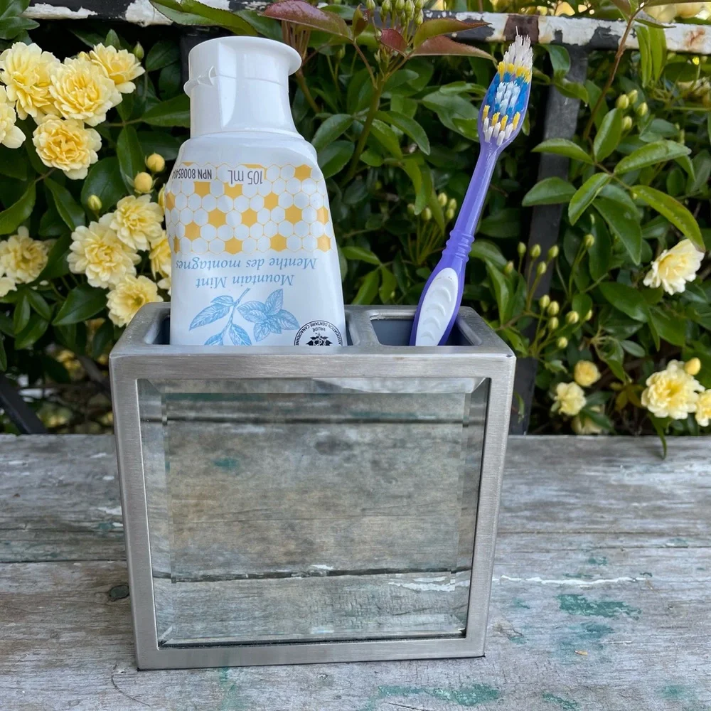 Silver mirror toothbrush holder